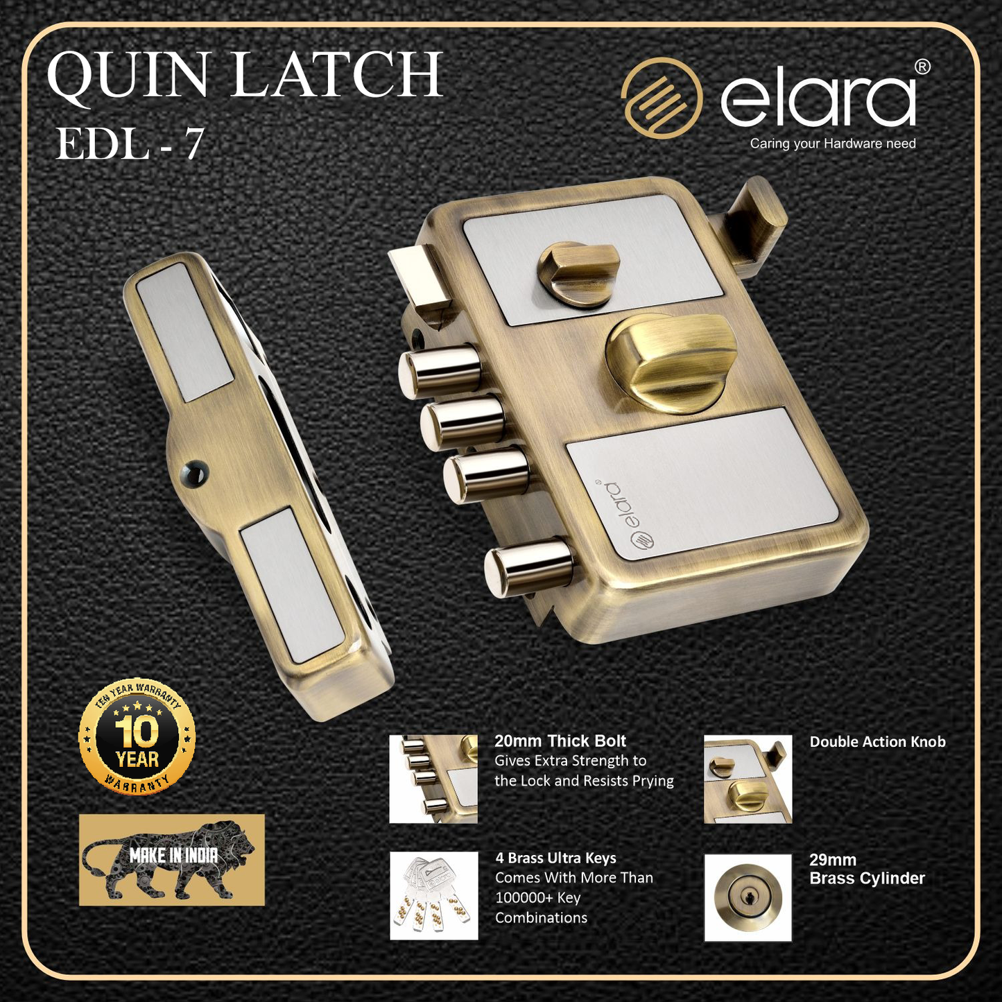 Elara Quin Latch Deadbolt for Main Door, Suitable for Right and Left Handed Doors, Inside Opening Wooden Door Lock with 3 Reversible Brass Keys (Antique Finish, EDL-07)