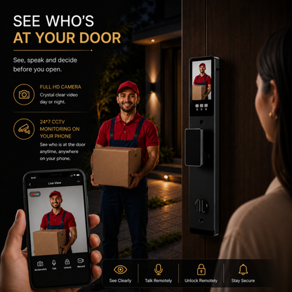 Elara Apex Prime Smart Door Lock, HD Display, Camera, Fingerprint, RFID Card Scanner, Pin Unlock, One Touch Lock, LED Light, Alarm Alert, Bluetooth & WiFi, Black,