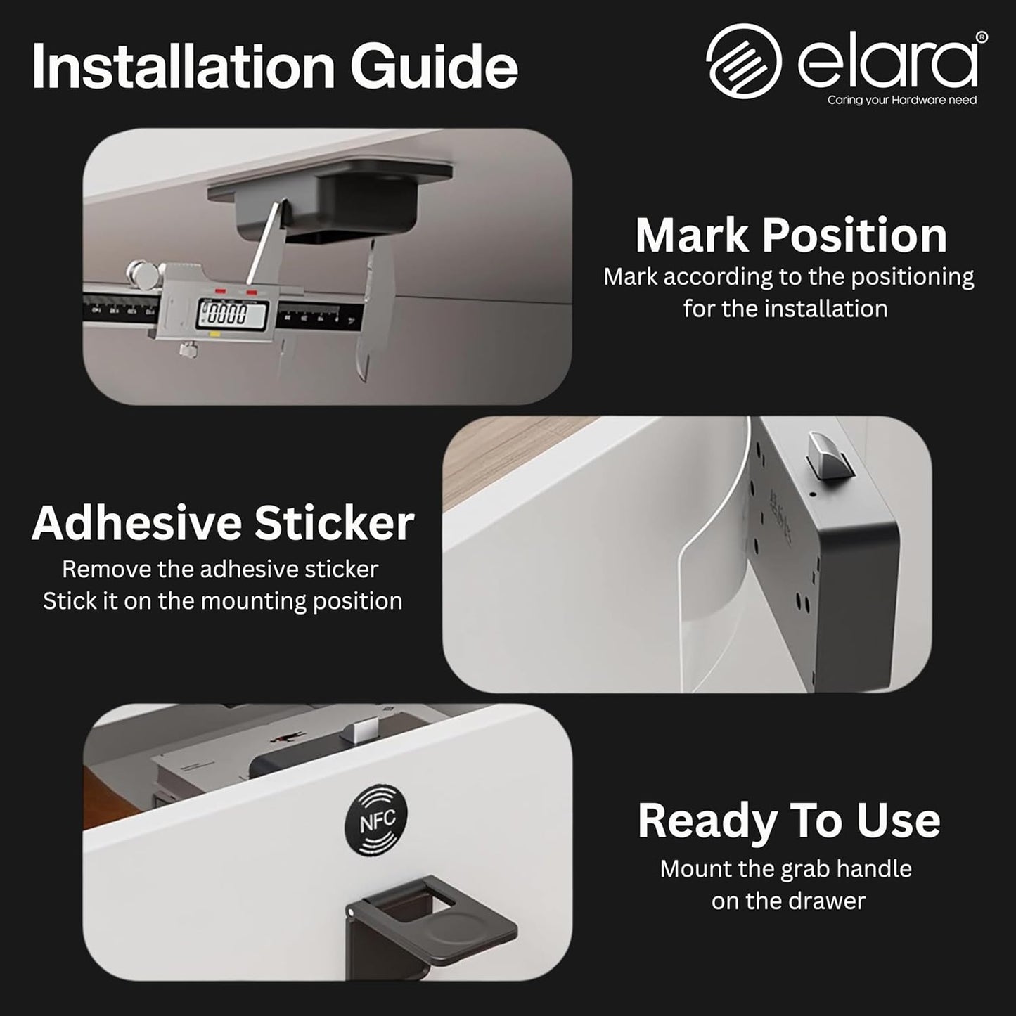 Elara DX-2 Smart Drawer Lock with Auto-Locking System, RFID Card Access, Low Battery Alert, Hidden Lock, Black
