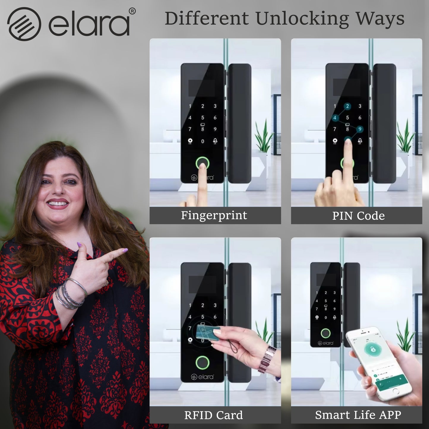 Elara GX-1 Smart Glass Door Lock, Fingerprint, Mobile App, PIN, RFID Card, 10-12 mm Glass Doors
