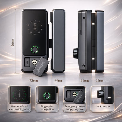 Elara GX-1 Smart Glass Door Lock, Fingerprint, Mobile App, PIN, RFID Card, 10-12 mm Glass Doors