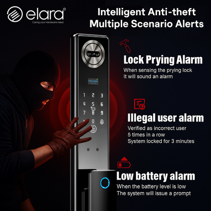 Elara Apex Smart Door Lock, HD Display, Camera, Fingerprint, RFID Card Scanner, Pin Unlock, One Touch Lock, LED Light, Alarm Alert, Bluetooth & WiFi, Black (Apex Edge)