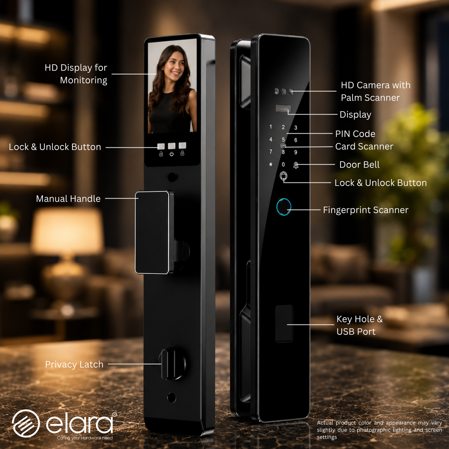 Elara Apex Prime Smart Door Lock, HD Display, Camera, Fingerprint, RFID Card Scanner, Pin Unlock, One Touch Lock, LED Light, Alarm Alert, Bluetooth & WiFi, Black,