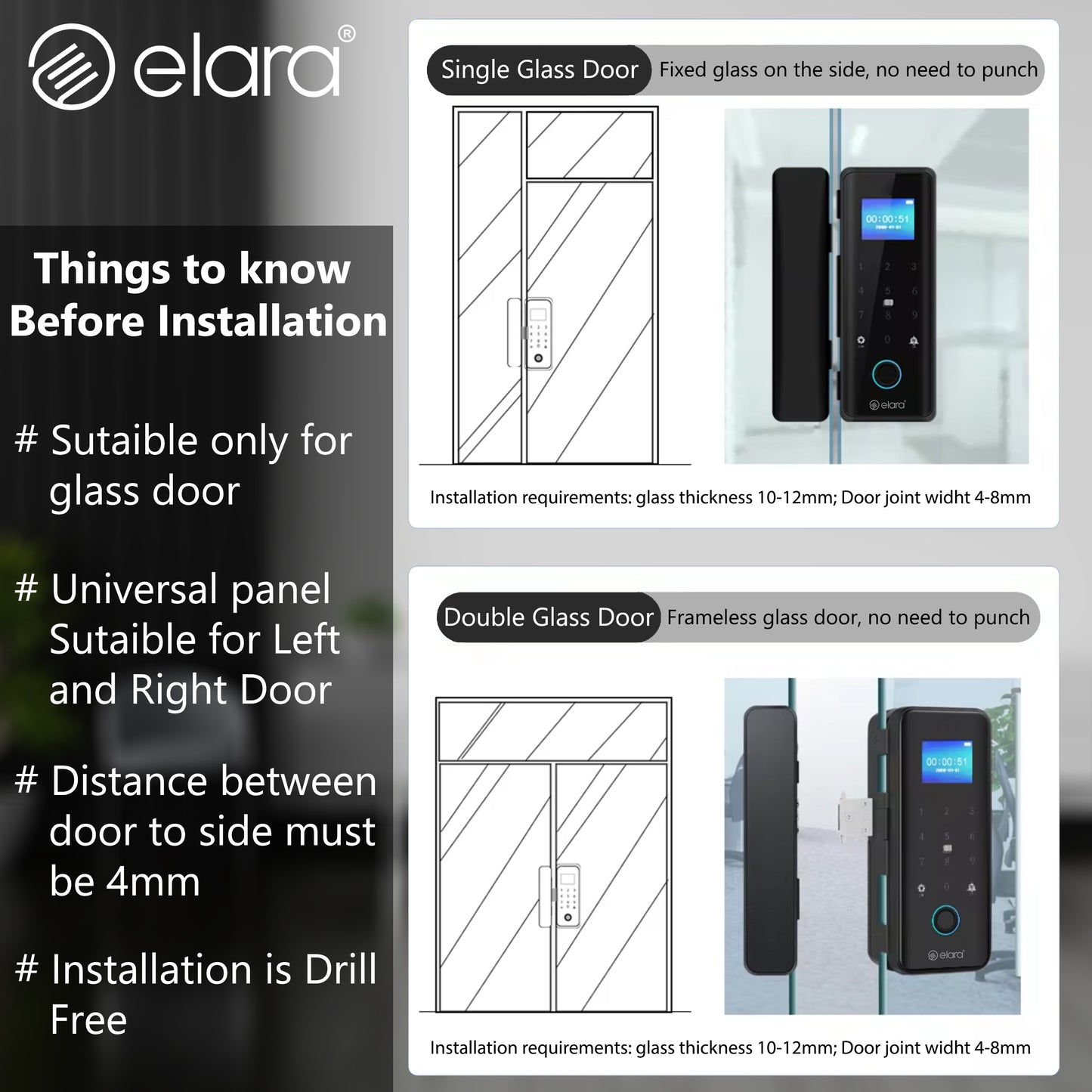 Elara GX-1 Smart Glass Door Lock, Fingerprint, Mobile App, PIN, RFID Card, 10-12 mm Glass Doors