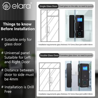 Elara GX-1 Smart Glass Door Lock, Fingerprint, Mobile App, PIN, RFID Card, 10-12 mm Glass Doors