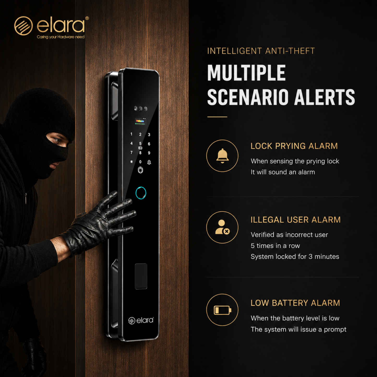 Elara Apex Prime Smart Door Lock, HD Display, Camera, Fingerprint, RFID Card Scanner, Pin Unlock, One Touch Lock, LED Light, Alarm Alert, Bluetooth & WiFi, Black,