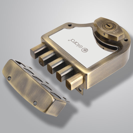 Elara Quinbolt 2CK Deadbolt for Main Door, Suitable for Right and Left Handed Doors, Inside Opening Wooden Door Lock with 4 Reversible Brass Keys (Anitique, EDL-04, Quinbolt, Ultra Key)