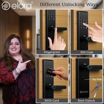 Elara Echo Lite Basic Non-WiFi Smart Door Lock with Fingerprint Scanner, RFID Card Reader, PIN Code, Anti-Theft Alerts, 2-Year Warranty, Black