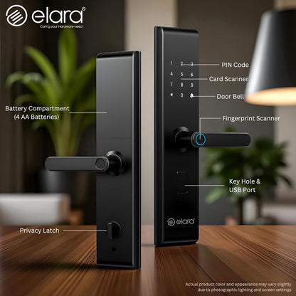 Elara Echo Lite Basic Non-WiFi Smart Door Lock with Fingerprint Scanner, RFID Card Reader, PIN Code, Anti-Theft Alerts, 2-Year Warranty, Black