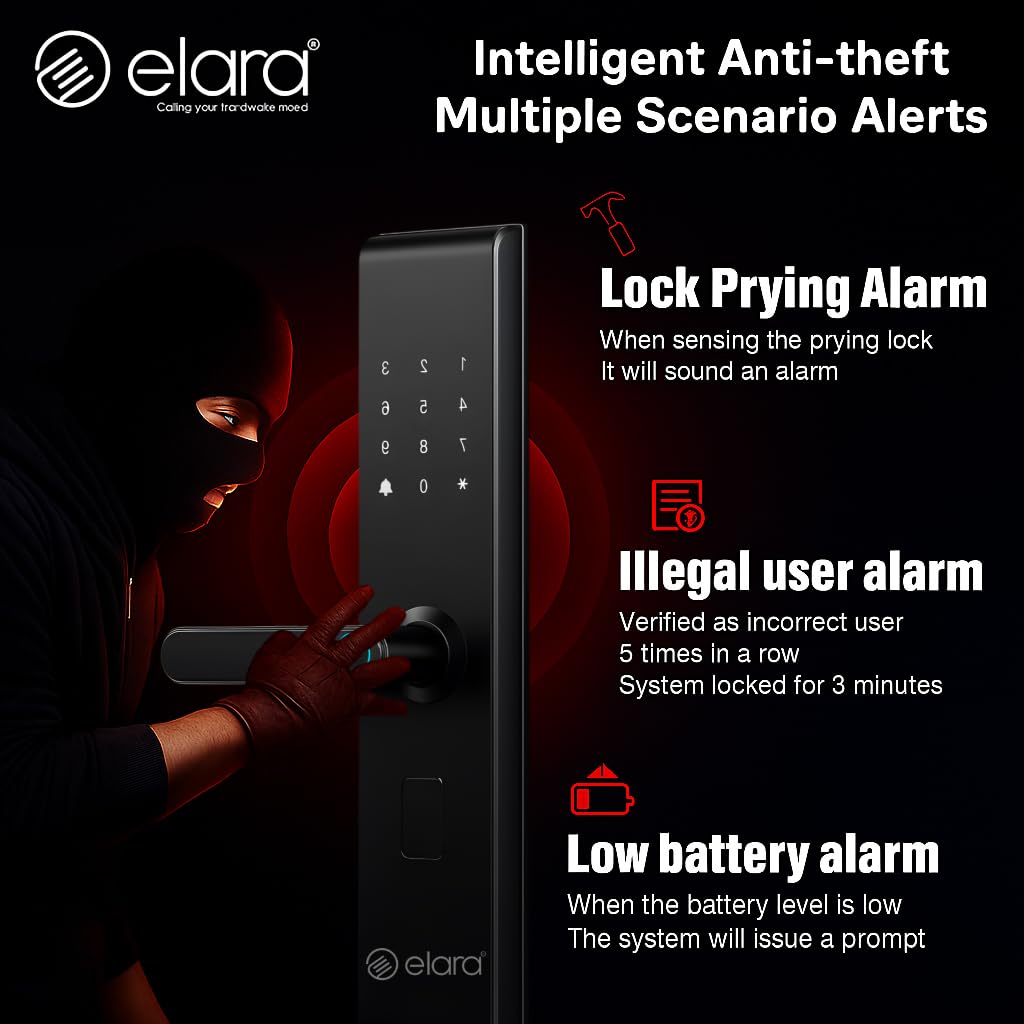 Elara Echo Lite Basic Non-WiFi Smart Door Lock with Fingerprint Scanner, RFID Card Reader, PIN Code, Anti-Theft Alerts, 2-Year Warranty, Black