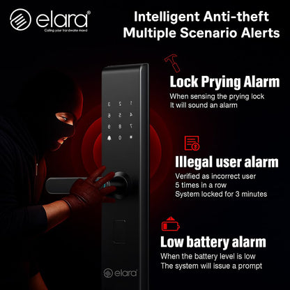 Elara Echo Lite Basic Non-WiFi Smart Door Lock with Fingerprint Scanner, RFID Card Reader, PIN Code, Anti-Theft Alerts, 2-Year Warranty, Black
